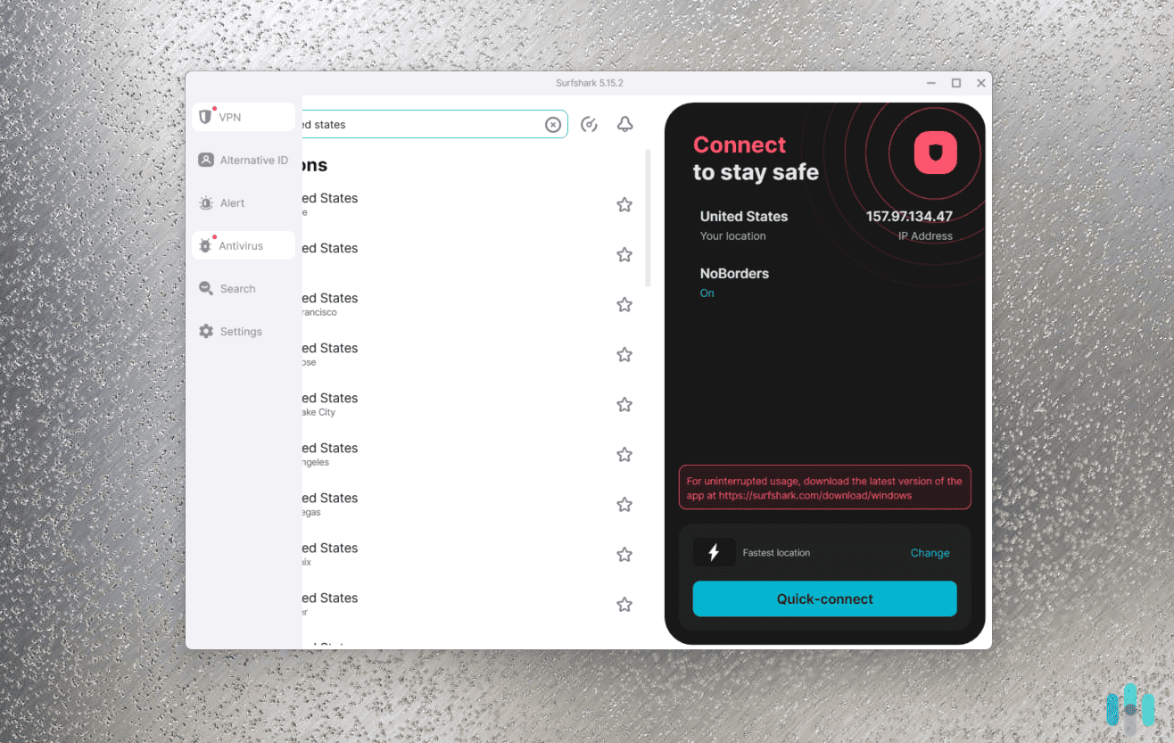 Surfshark’s Windows app with the VPN, antivirus, and other cybersecurity tools integrated seamlessly