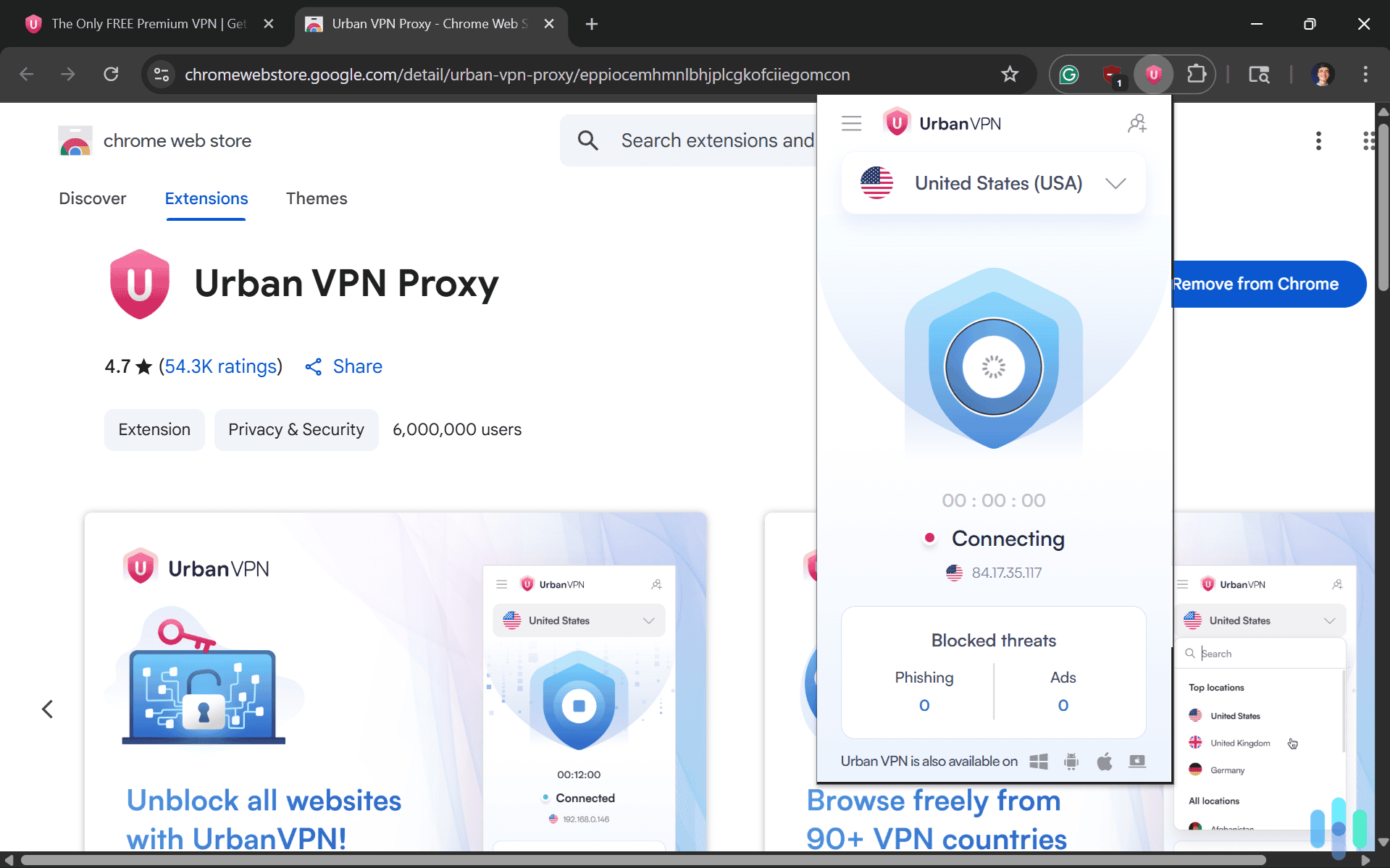 Urban VPN’s Chrome Extension blocked ads and phishing sites to enhance our security.