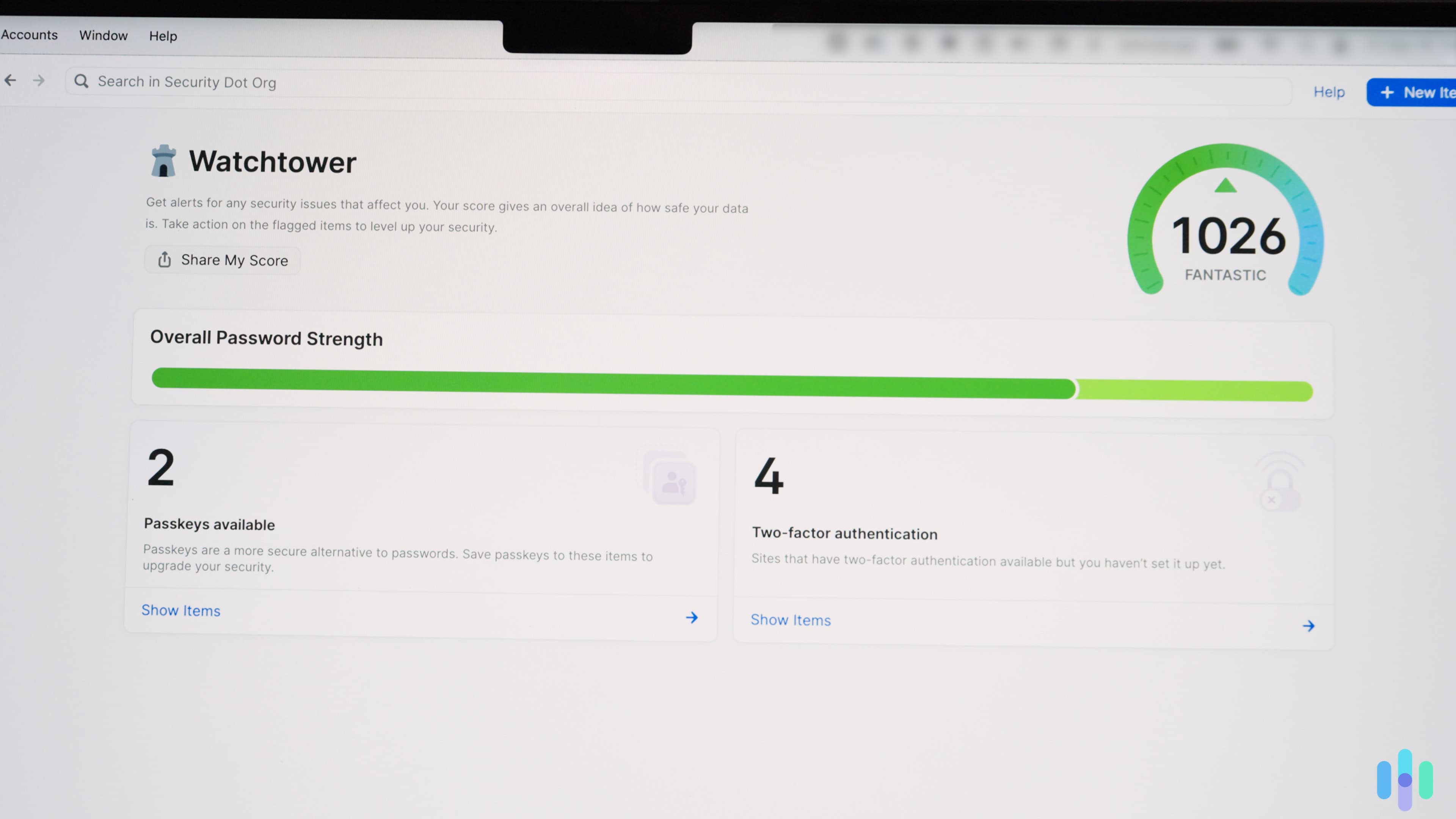1Password’s Watchtower feature told us how we could improve the security of our accounts.