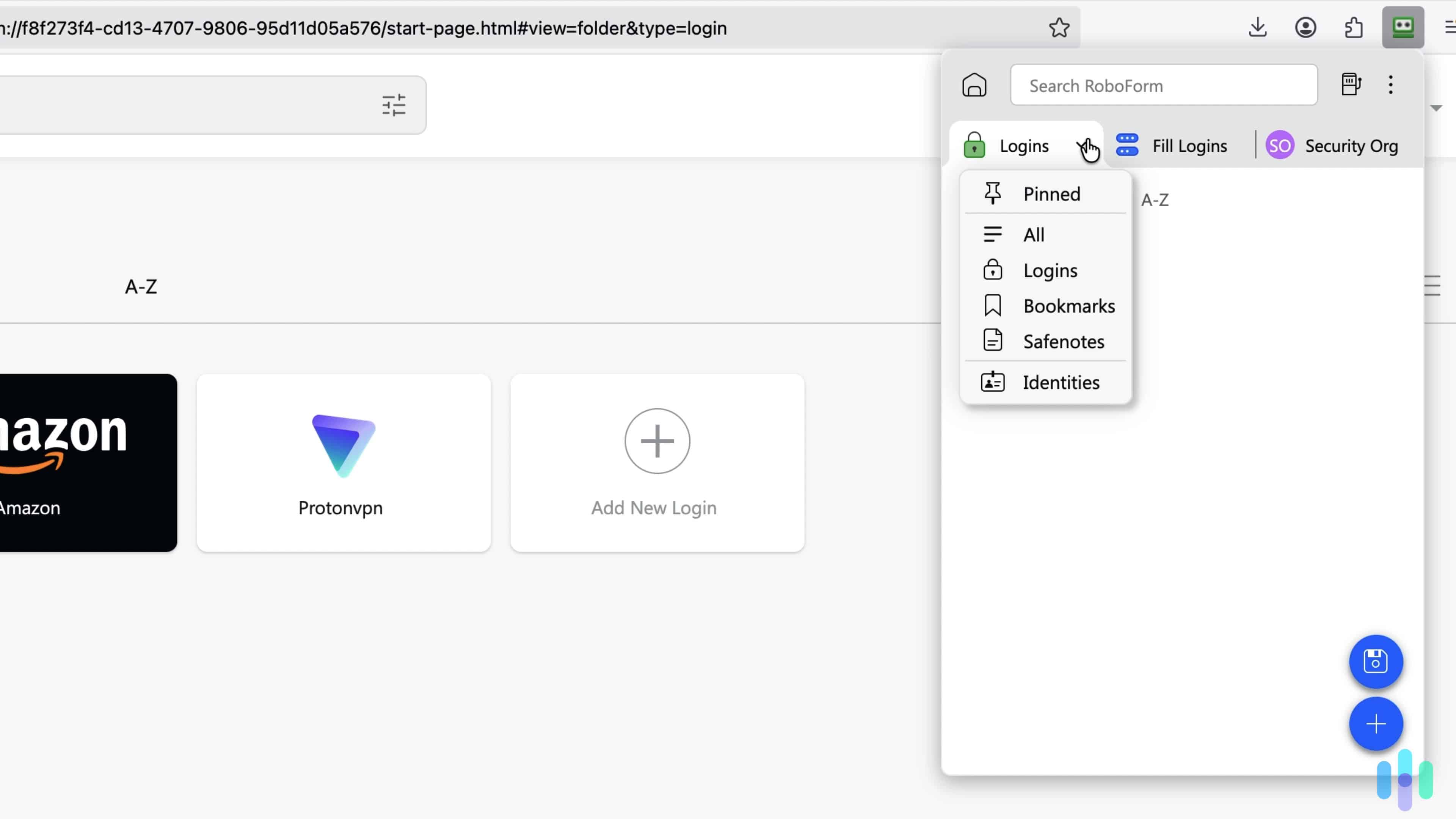 Most RoboForm features are available right from the browser extension dropdown menu