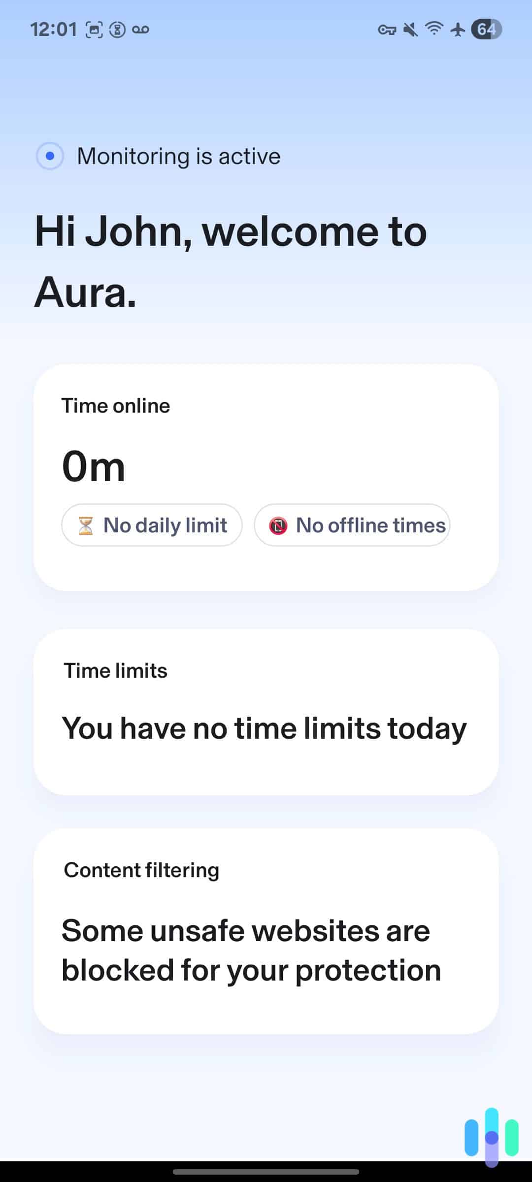 Aura helped our kids manage their restrictions with a clear dashboard showing them their current usage. The Aura app monitoring a designated child device