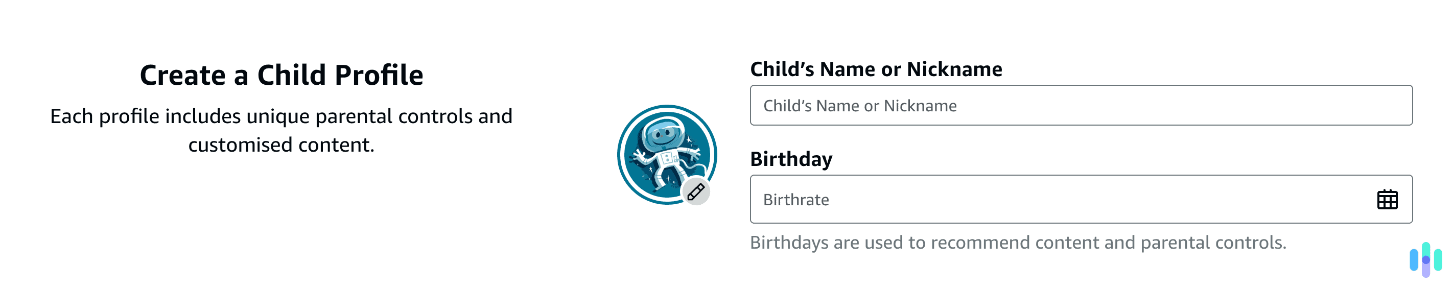 Setting our kid’s profile in Amazon doesn’t require handing over a lot of personal information.(1) Setting our kid’s profile in Amazon doesn’t require handing over a lot of personal information.