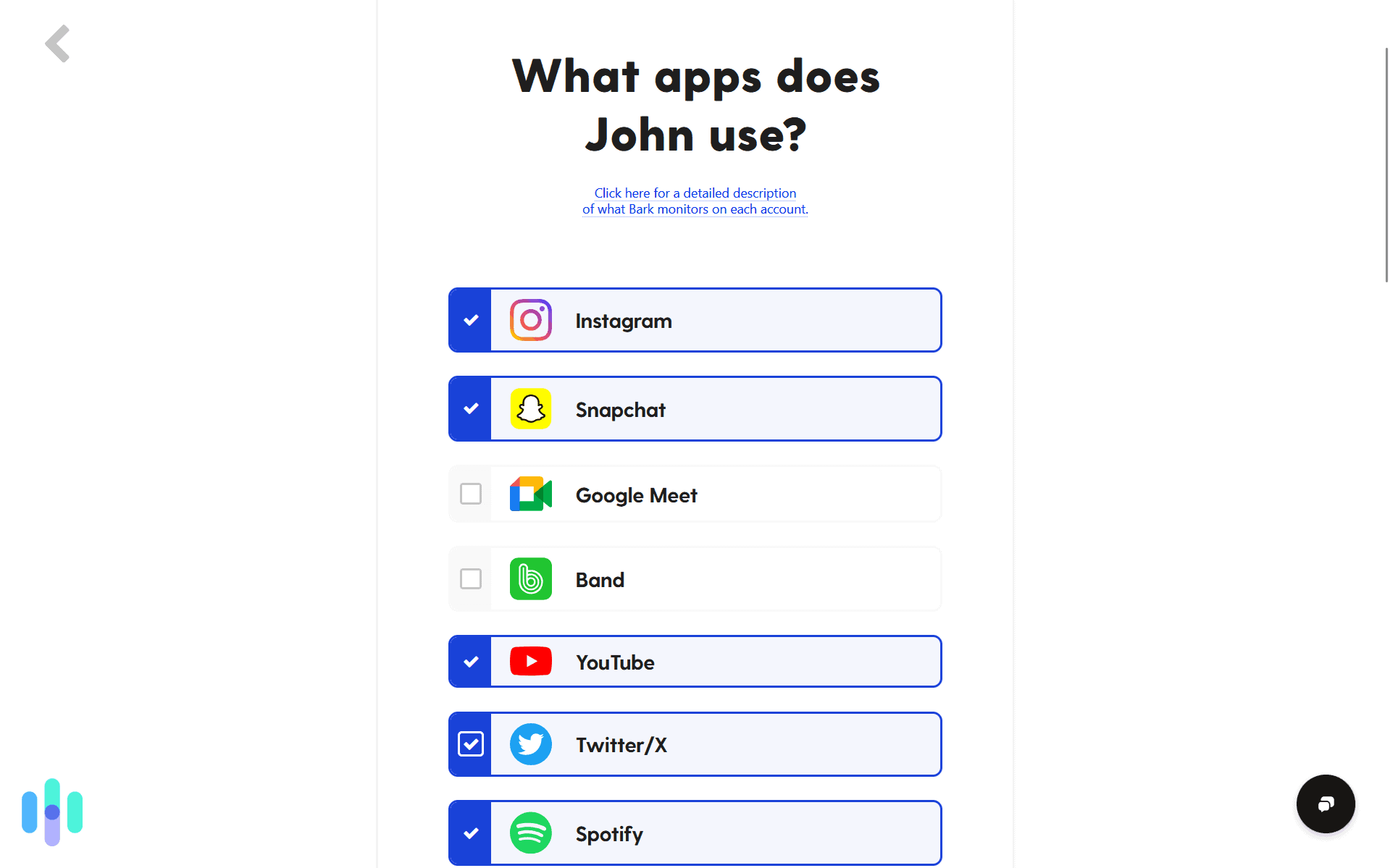Some of the apps Bark can monitor on Android devices. Bark let us choose which apps to monitor and the level of detail on each account.