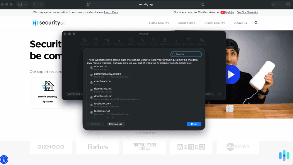 A list of all the websites storing our data in Safari. A list of all the websites storing our data in Safari.