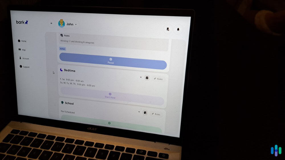 Bark gives us the option to set up screen time rules for our kids based on activities and different times of the day. Bark gives us the option to set up screen time rules for our kids based on activities and different times of the day.