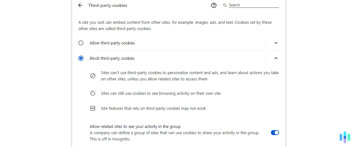 Chrome offers the option to block all third-party cookies (1) Chrome offers the option to block all third-party cookies