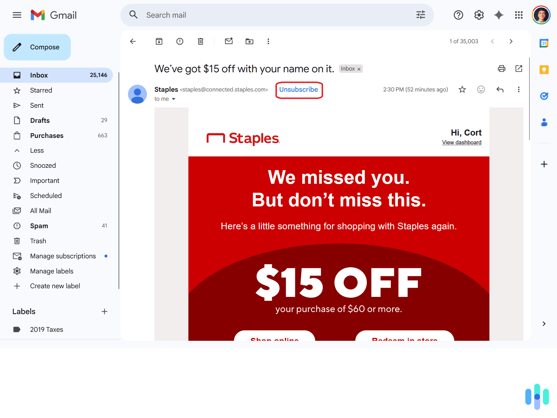 The “Unsubscribe” button circled in red allows you to unsubscribe from any marketing emails on Gmail. The “Unsubscribe” button circled in red allows you to unsubscribe from any marketing emails on Gmail.