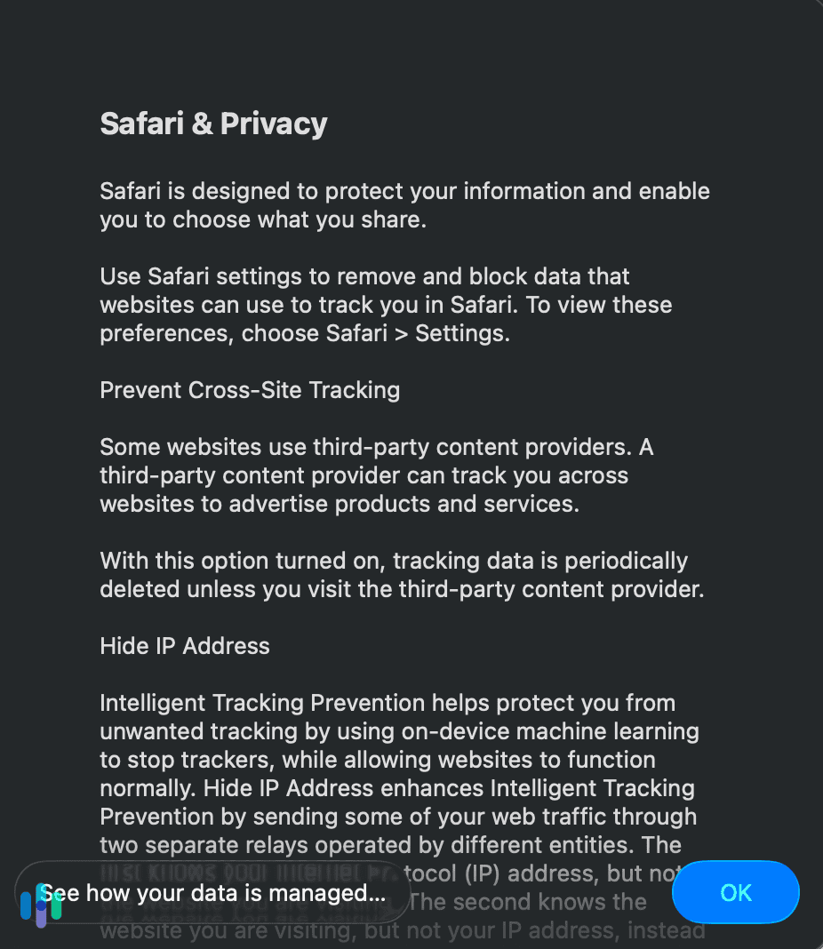We like how Safari details all the steps it takes to protect our privacy. We like how Safari details all the steps it takes to protect our privacy.