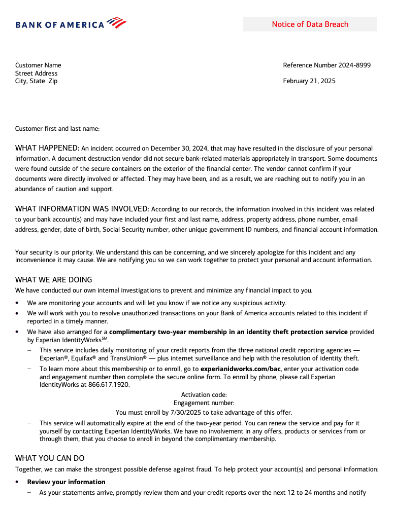A copy of one of the breach notifications sent by Bank of America A copy of one of the breach notifications sent by Bank of America.
