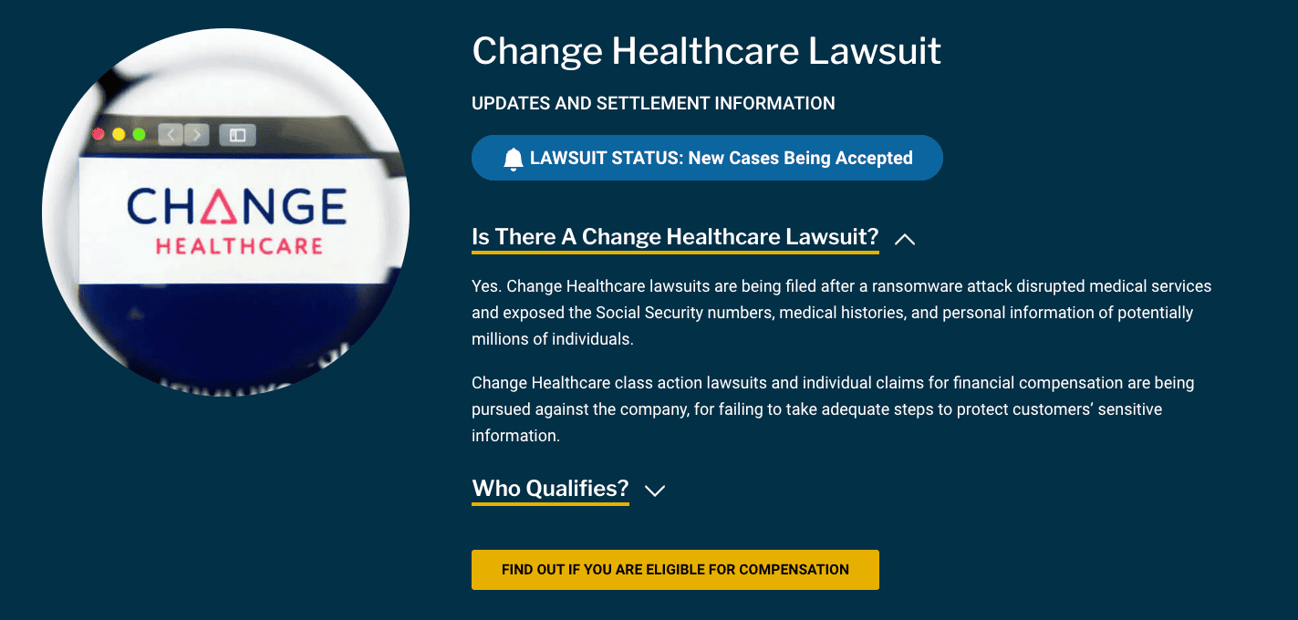 At the time of writing, lawsuits with Change Healthcare are ongoing At the time of writing, lawsuits with Change Healthcare are ongoing.