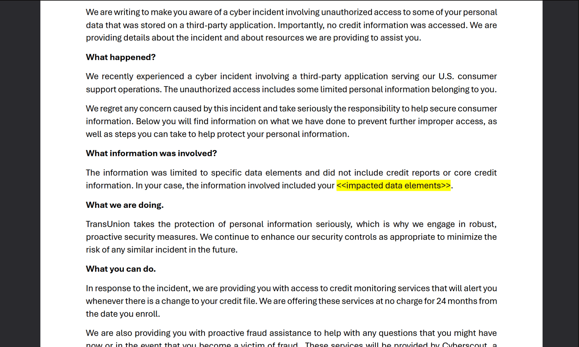 Here’s a look at the data breach notification TransUnion sent to victims as shared by the Office of the Vermont Attorney General Here’s a look at the data breach notification TransUnion sent to victims as shared by the Office of the Vermont Attorney General
