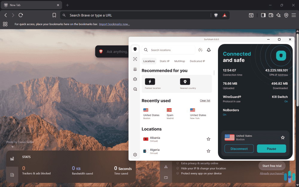 I tested out Brave’s full suite of features while connected to Surfshark’s U.S. servers I tested out Brave’s full suite of features while connected to Surfshark’s U.S. servers