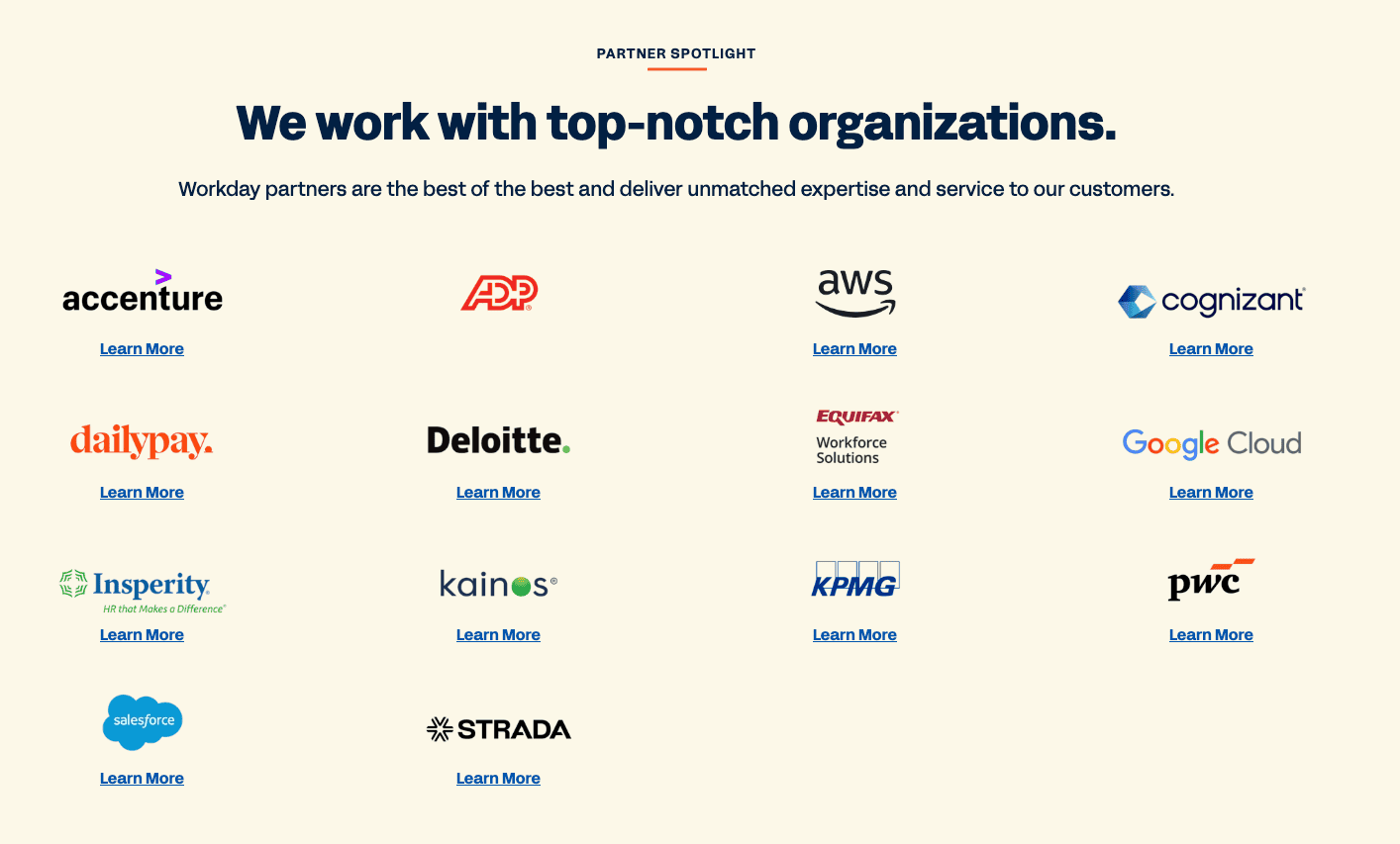 Some of the organizations that Workday partners with today Some of the organizations that Workday partners with today.