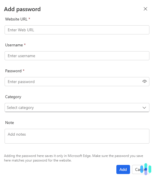 Edge’s password manager can save credentials automatically or you can manually add them.