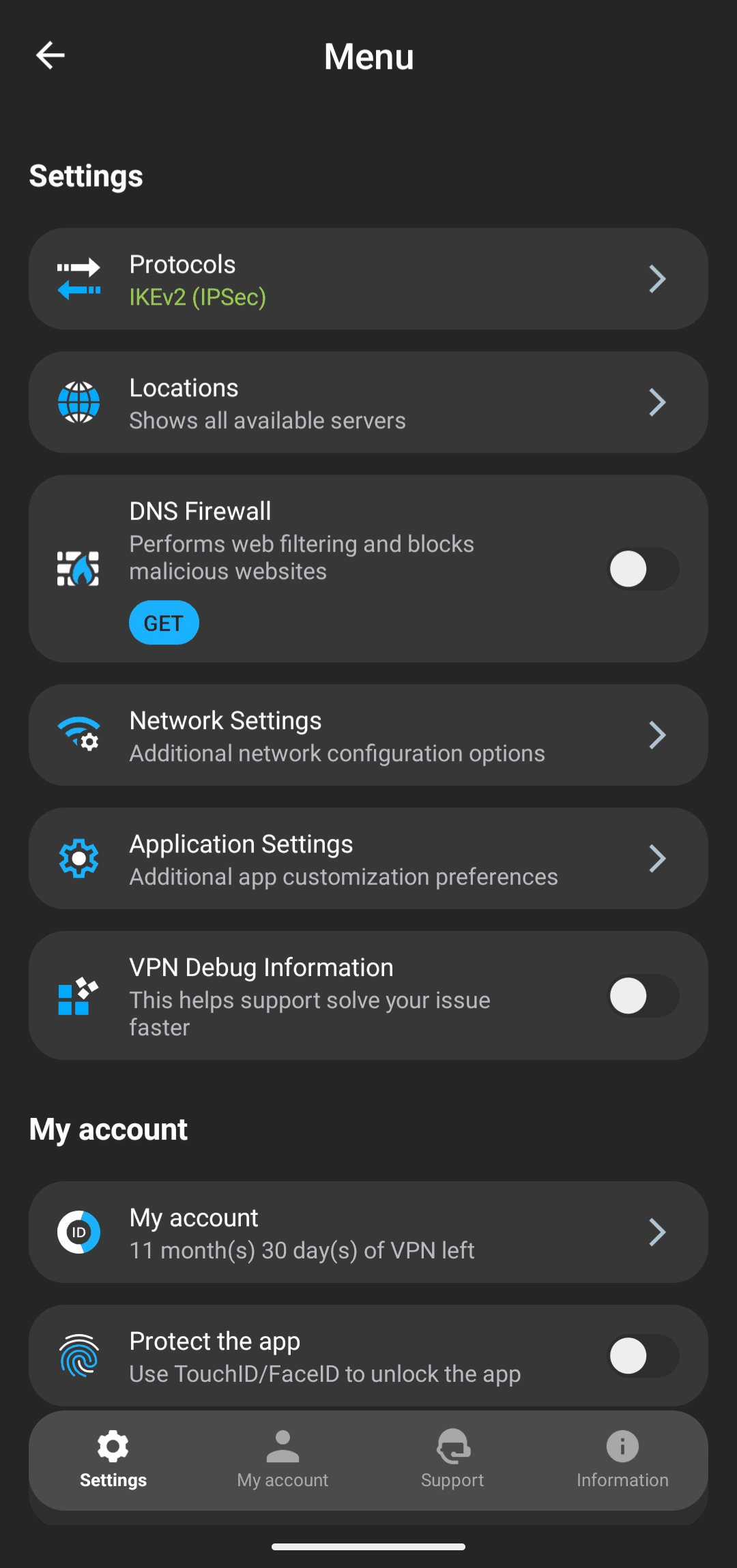 The VPN Unlimited Android settings page showing Protocols, Locations, etc. The VPN Unlimited Android settings page showing Protocols, Locations, etc.