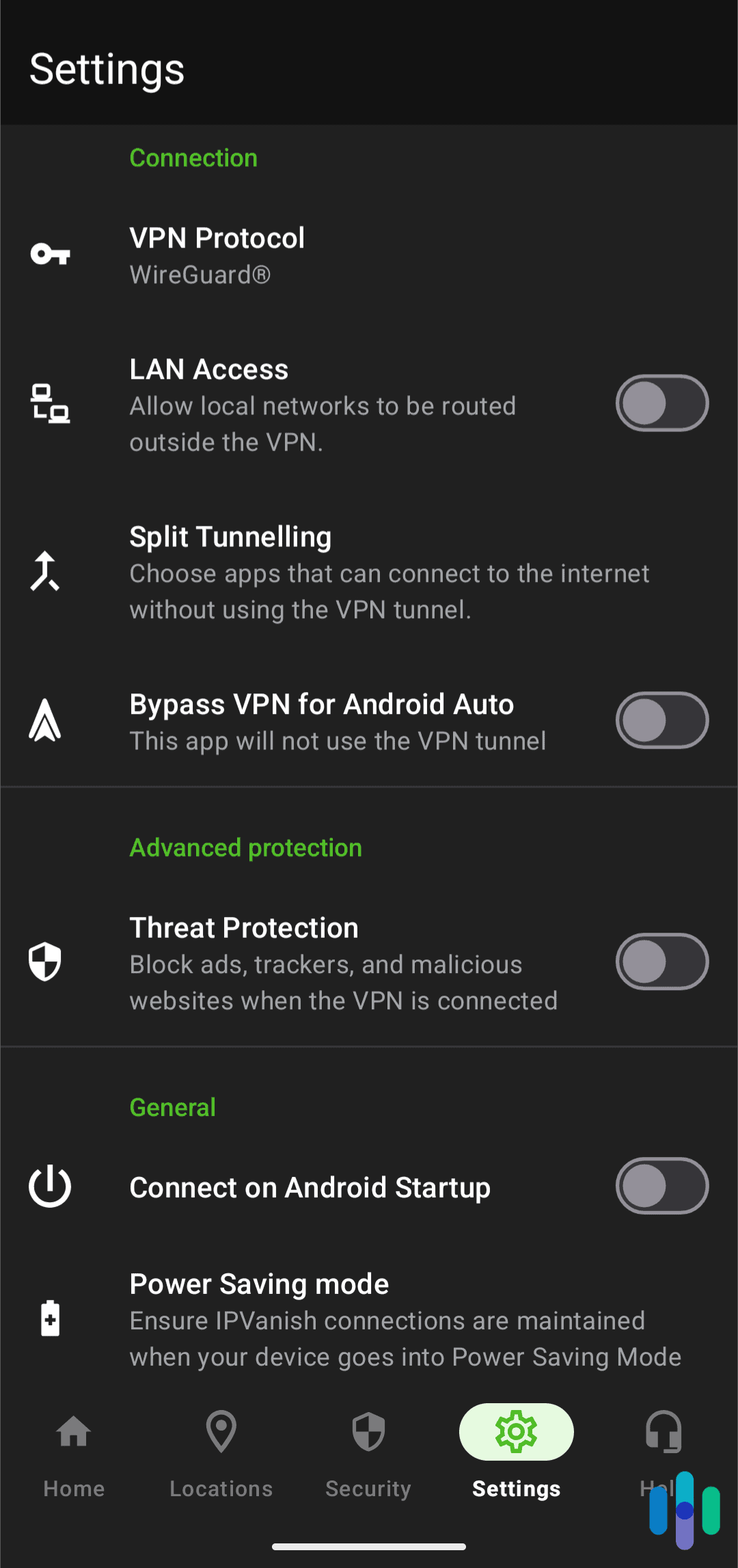 Most of IPVanish’s features are easy to find in the Settings menu. Most of IPVanish’s features are easy to find in the Settings menu.