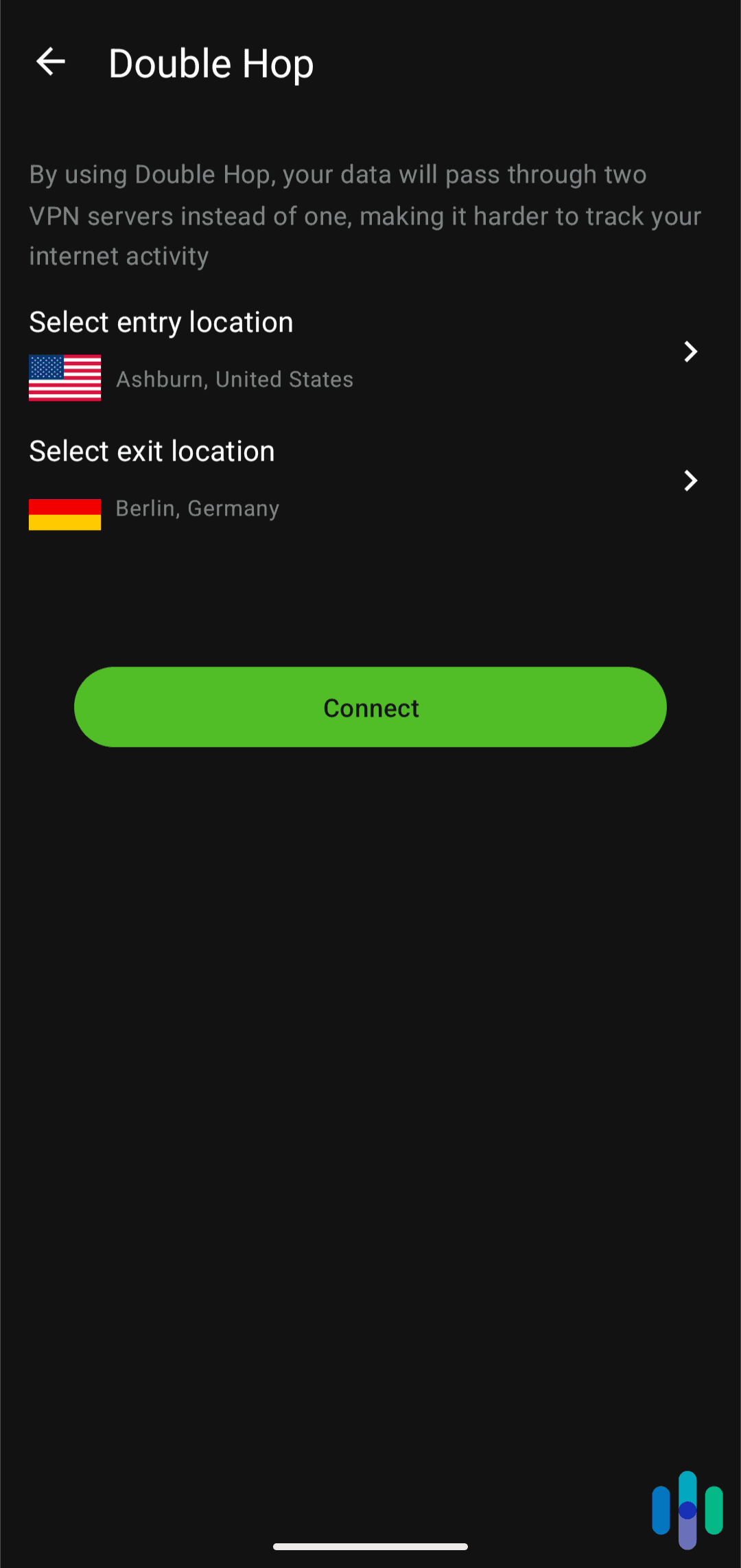 We like that IPVanish let us choose two server locations in the Double Hop feature. We like that IPVanish let us choose two server locations in the Double Hop feature.