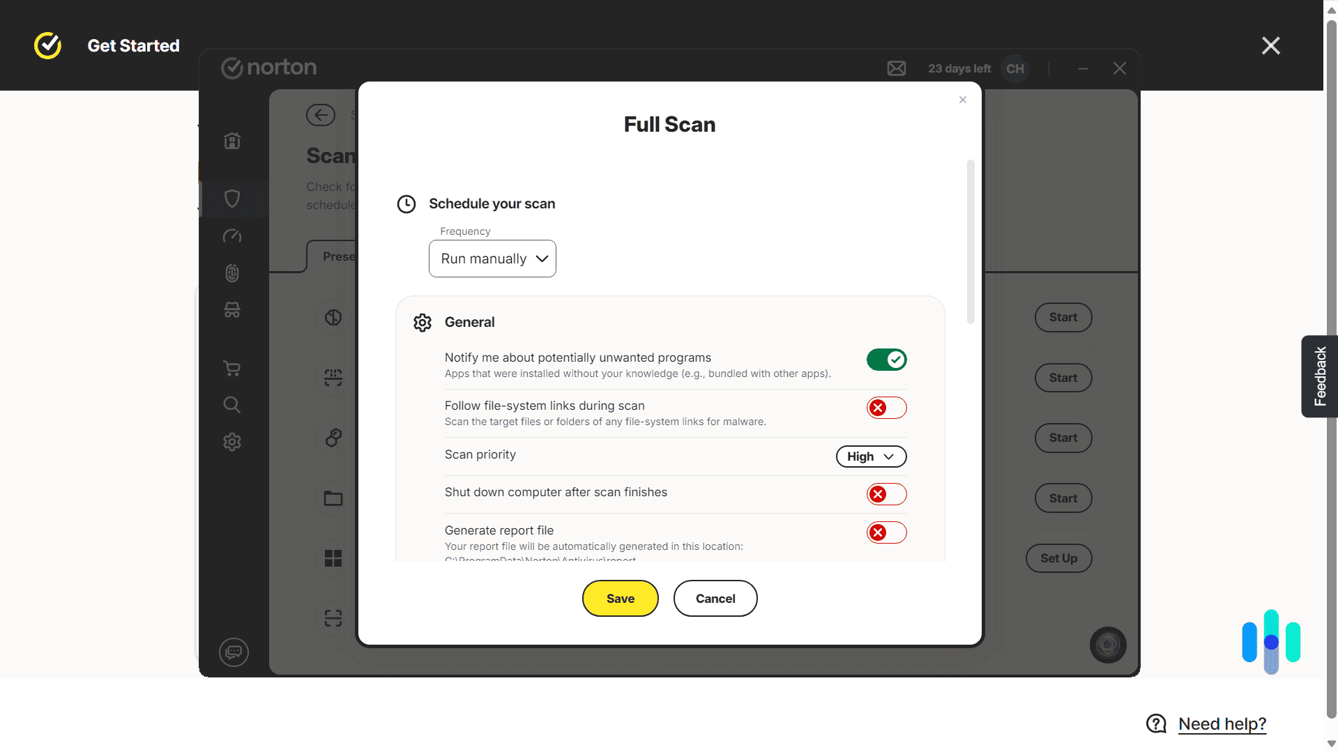 Full Scan option screen Full Scan option screen