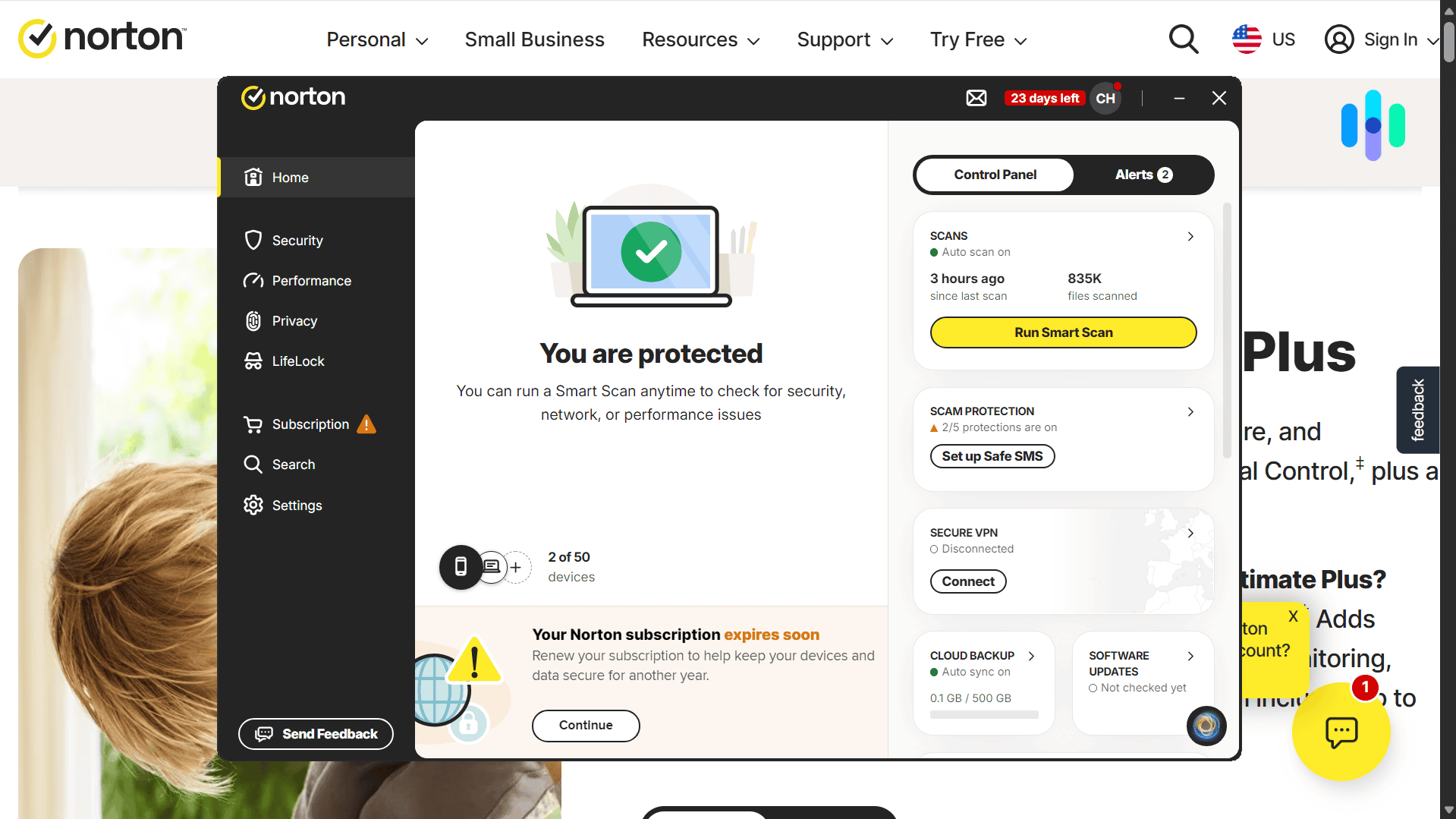 The Norton app home screen highlighted the overall security of our devices The Norton app home screen highlighted the overall security of our devices