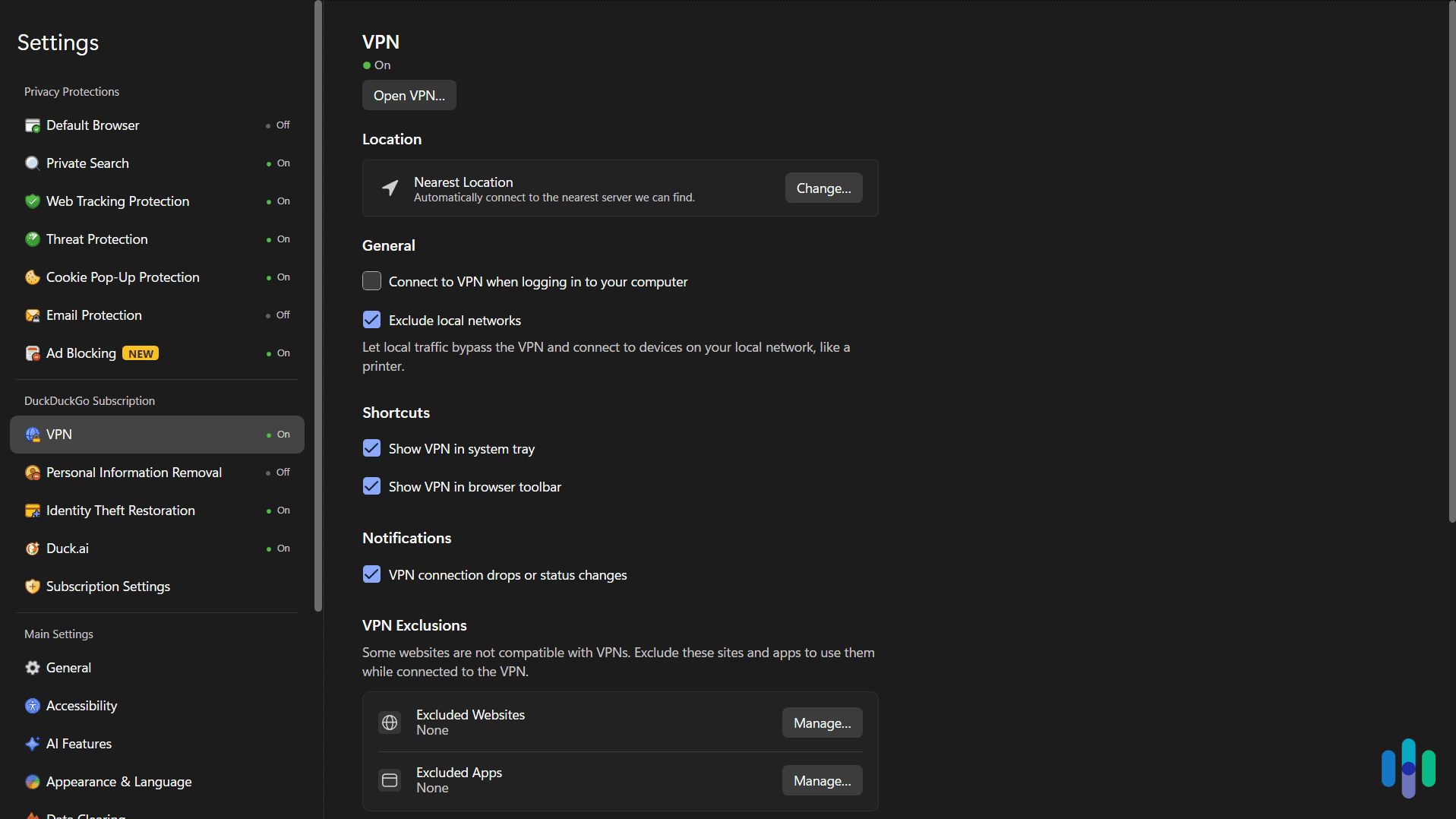 All of DuckDuckGo VPN’s settings are managed within the DuckDuckGo browser All of DuckDuckGo VPN’s settings are managed within the DuckDuckGo browser