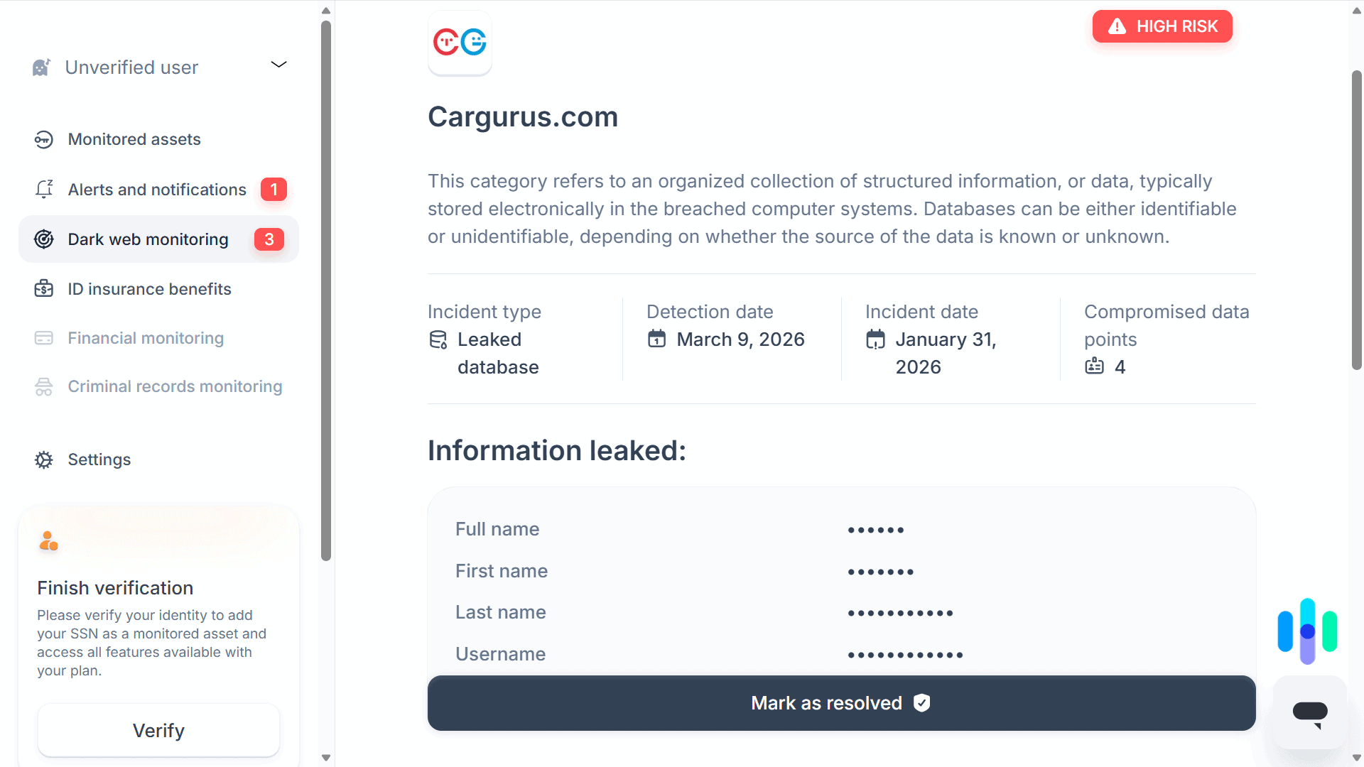 We like that Coveron provides a breakdown of the information included in every dark web alert We like that Coveron provides a breakdown of the information included in every dark web alert