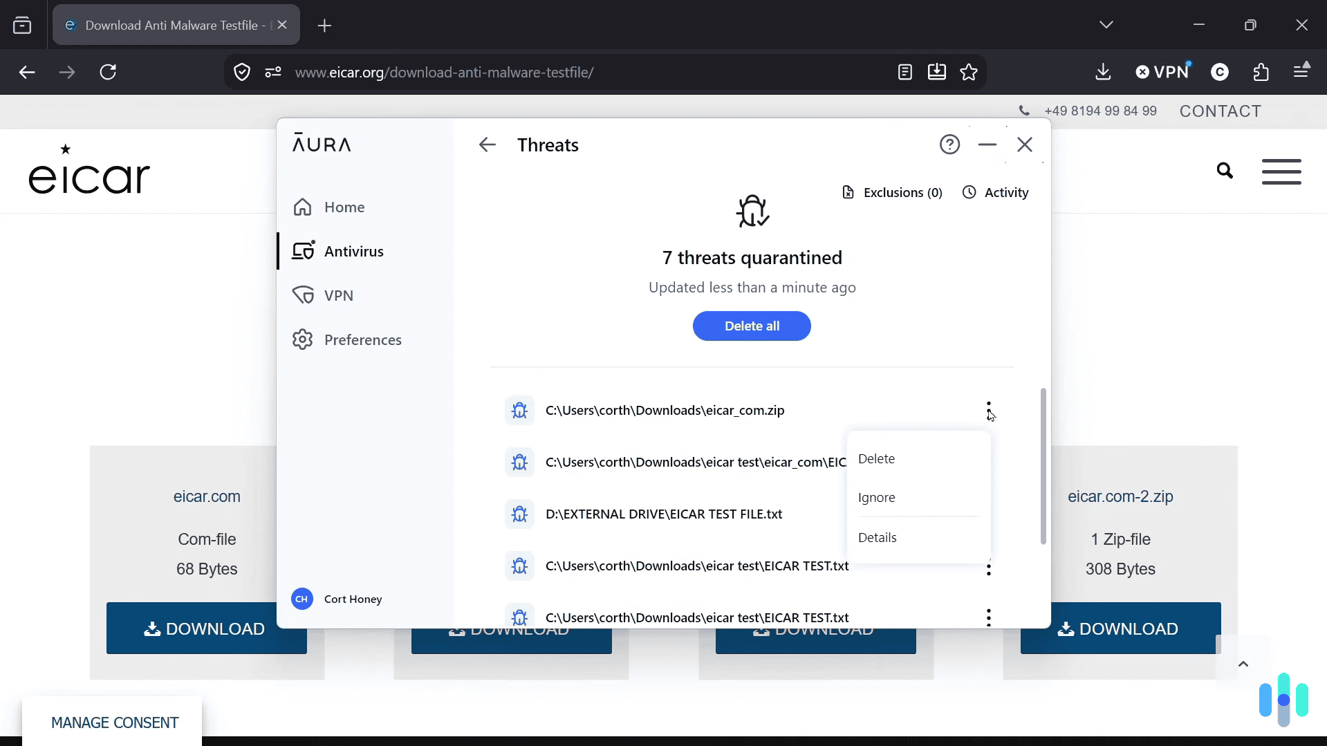 Aura immediately quarantined every malware test file we downloaded Aura immediately quarantined every malware test file we downloaded