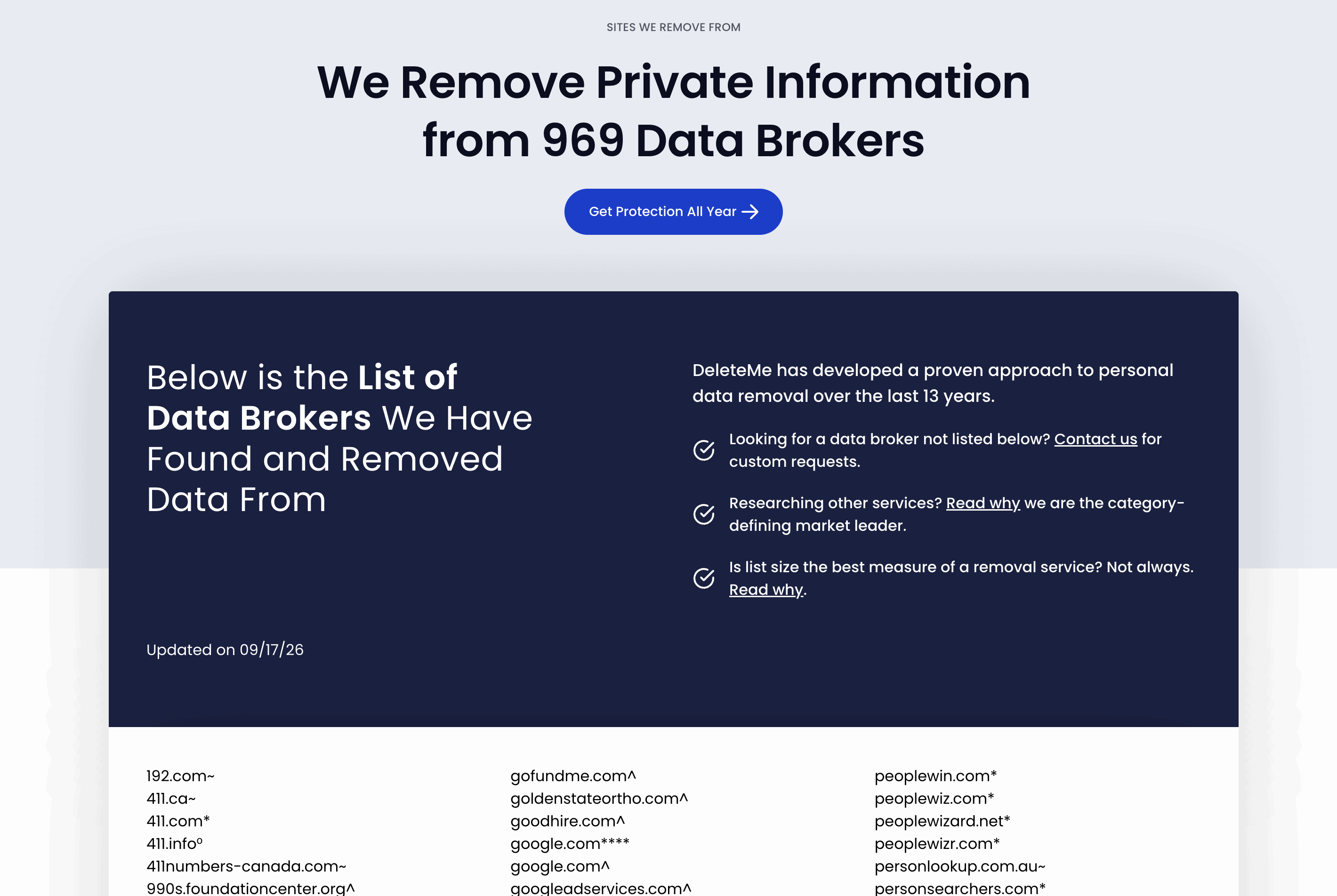DeleteMe lists over 900 data brokers it monitors, which is a very long list. DeleteMe lists over 900 data brokers it monitors, which is a very long list.