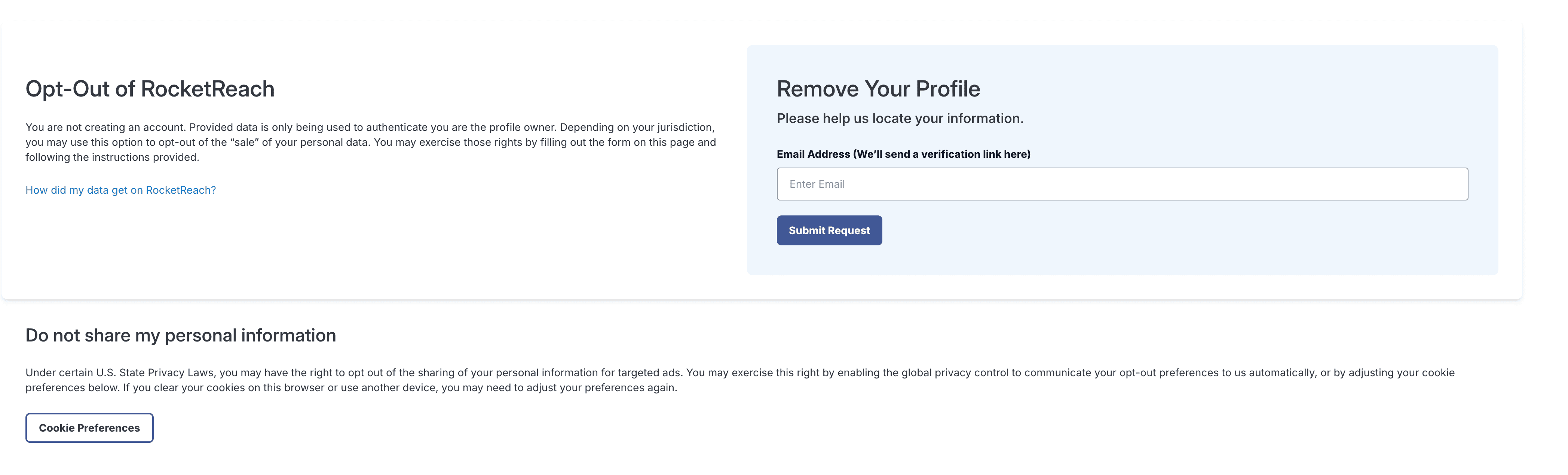 RocketReach’s opt-out page. RocketReach’s opt-out page.